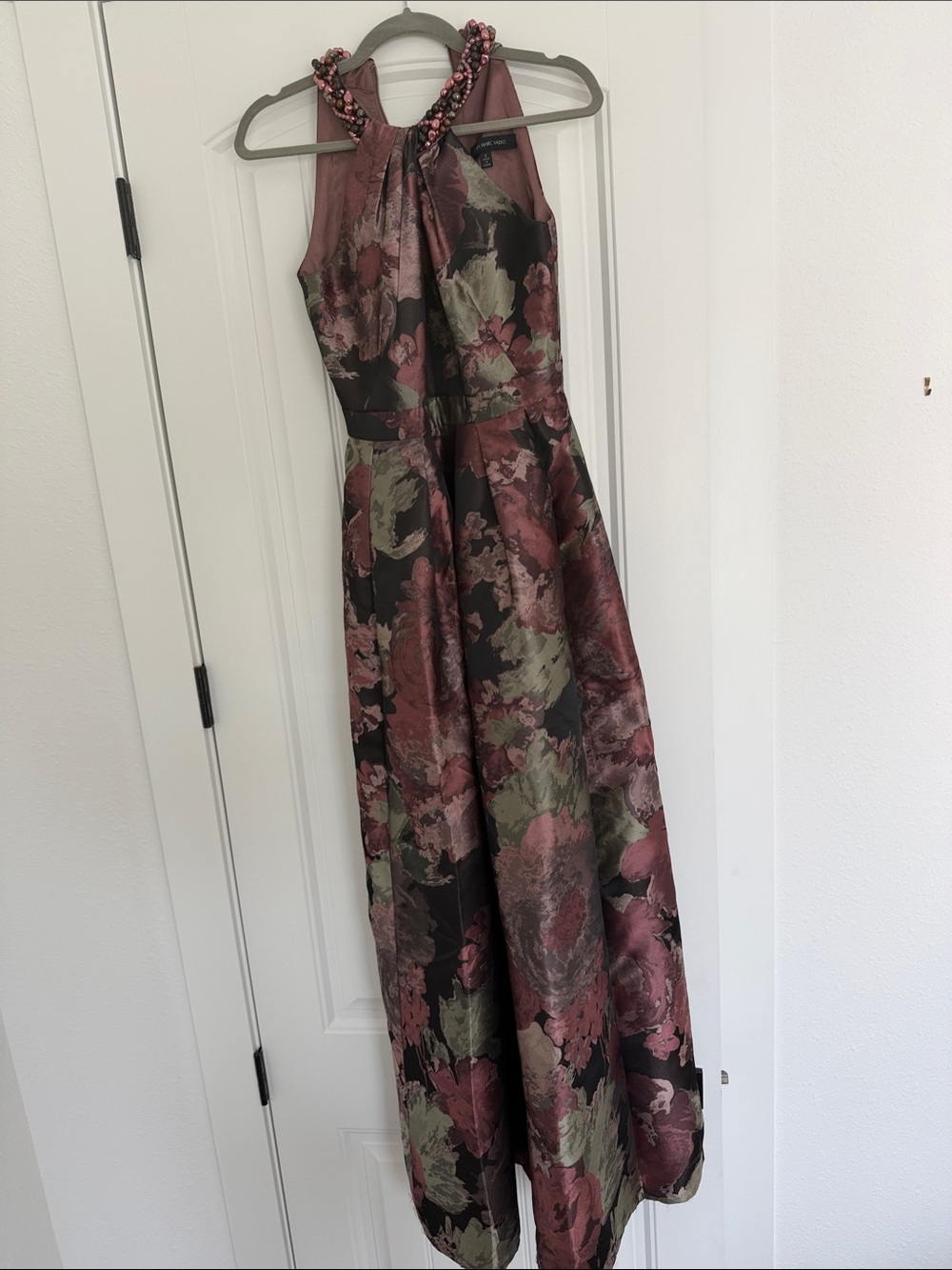 Carmen Marc Valvo Beaded Halter Floral Maxi Dress
